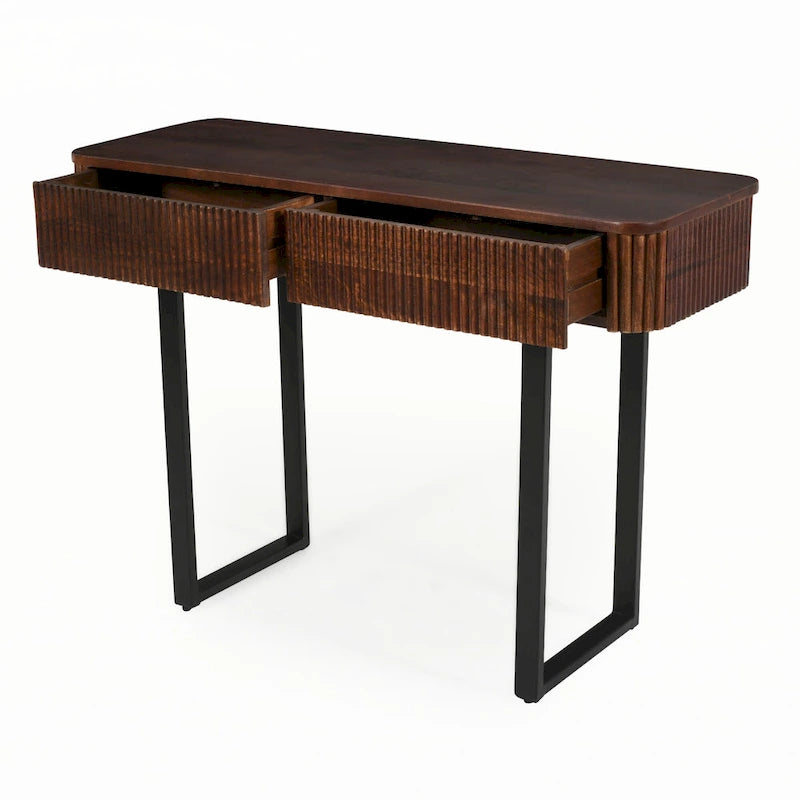 Consolle in Legno Massello con Design Scanalato, Miele e Nero