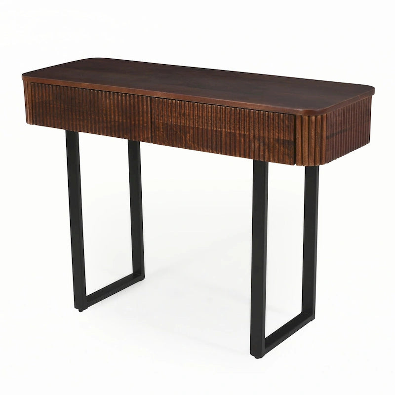 Consolle in Legno Massello con Design Scanalato, Miele e Nero