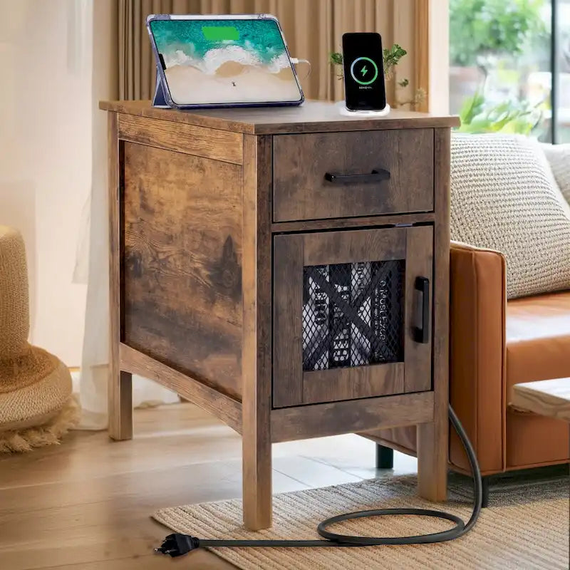 Tavolino da divano in truciolato di legno naturale con cassetto e presa di corrente - 60,9 cm L x 35,6 cm P x 61 cm H