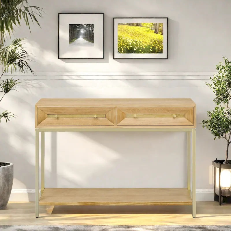 Tavolino consolle retrò in MDF da 45,5 pollici con dettagli dorati, 2 cassetti portaoggetti e design geometrico