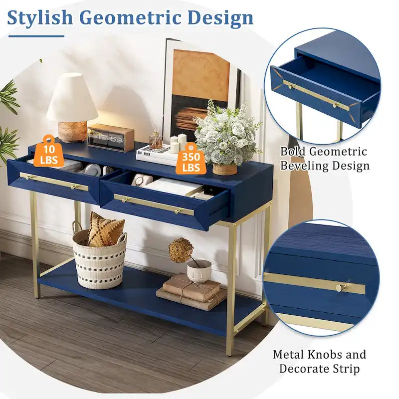 Tavolino consolle retrò in MDF da 45,5 pollici con dettagli dorati, 2 cassetti portaoggetti e design geometrico