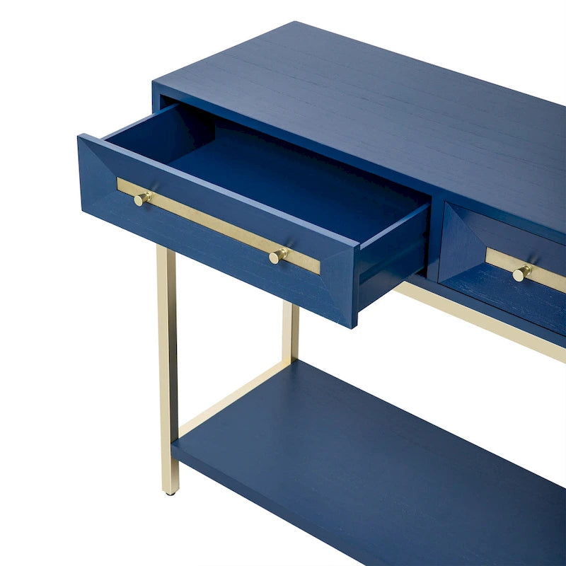 Tavolino consolle retrò in MDF da 45,5 pollici con dettagli dorati, 2 cassetti portaoggetti e design geometrico