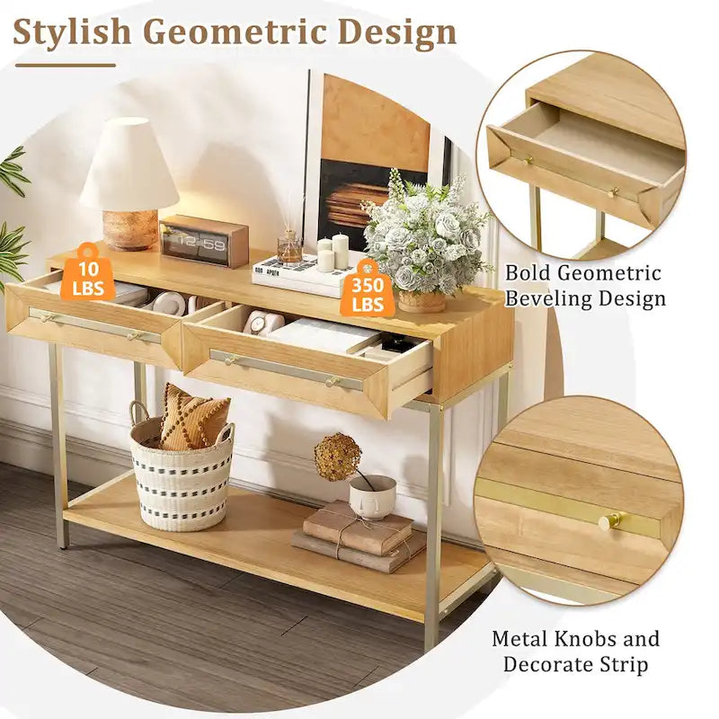 Tavolino consolle retrò in MDF da 45,5 pollici con dettagli dorati, 2 cassetti portaoggetti e design geometrico