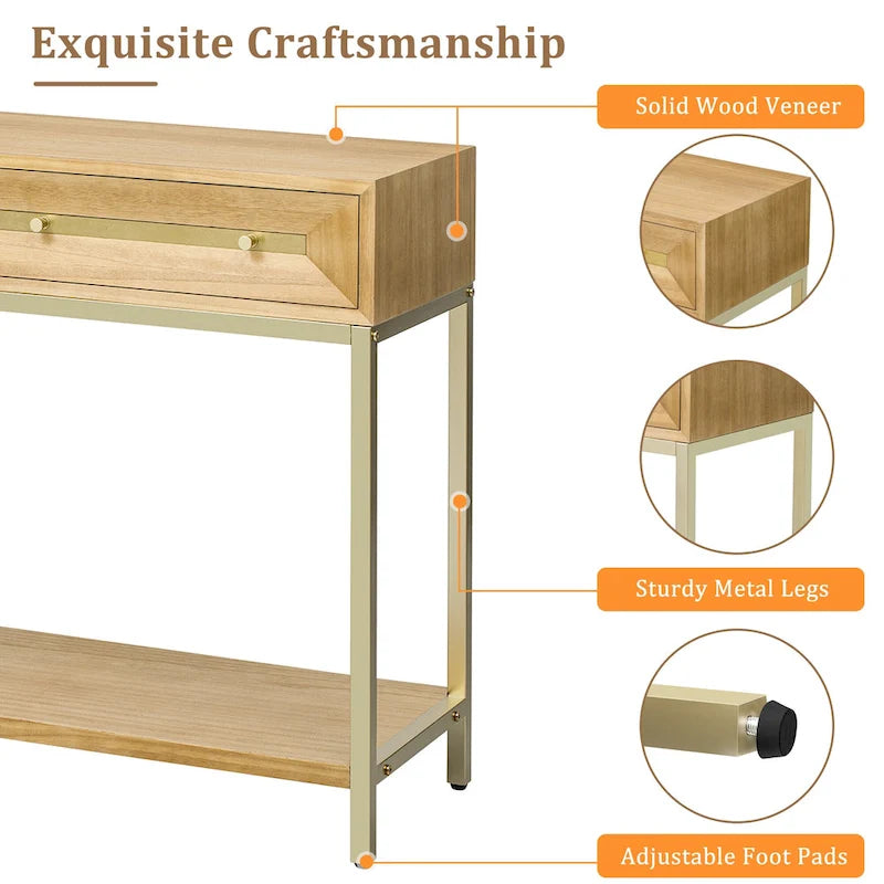 Tavolino consolle retrò in MDF da 45,5 pollici con dettagli dorati, 2 cassetti portaoggetti e design geometrico
