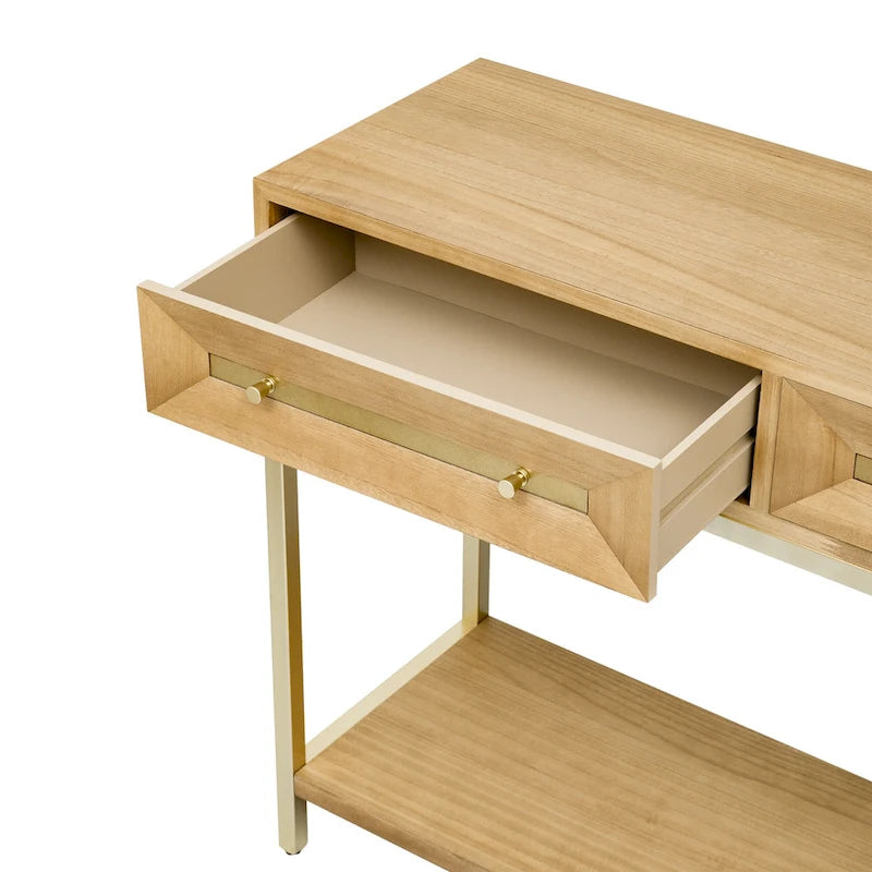 Tavolino consolle retrò in MDF da 45,5 pollici con dettagli dorati, 2 cassetti portaoggetti e design geometrico