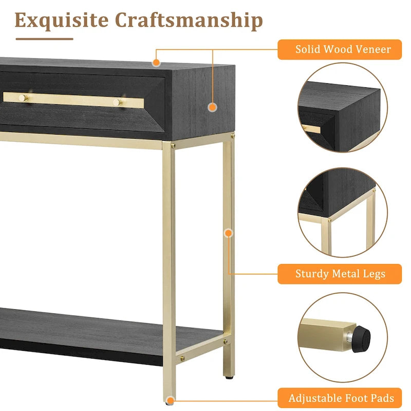 Tavolino consolle retrò in MDF da 45,5 pollici con dettagli dorati, 2 cassetti portaoggetti e design geometrico