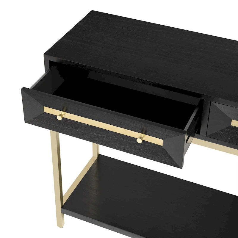 Tavolino consolle retrò in MDF da 45,5 pollici con dettagli dorati, 2 cassetti portaoggetti e design geometrico