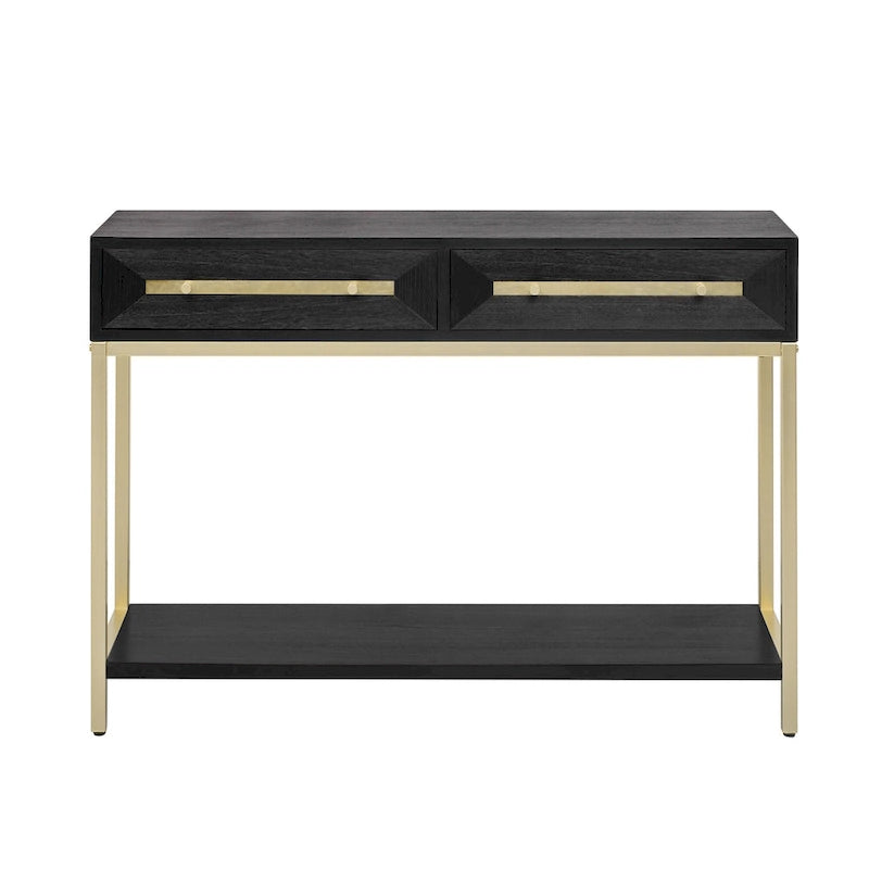 Tavolino consolle retrò in MDF da 45,5 pollici con dettagli dorati, 2 cassetti portaoggetti e design geometrico