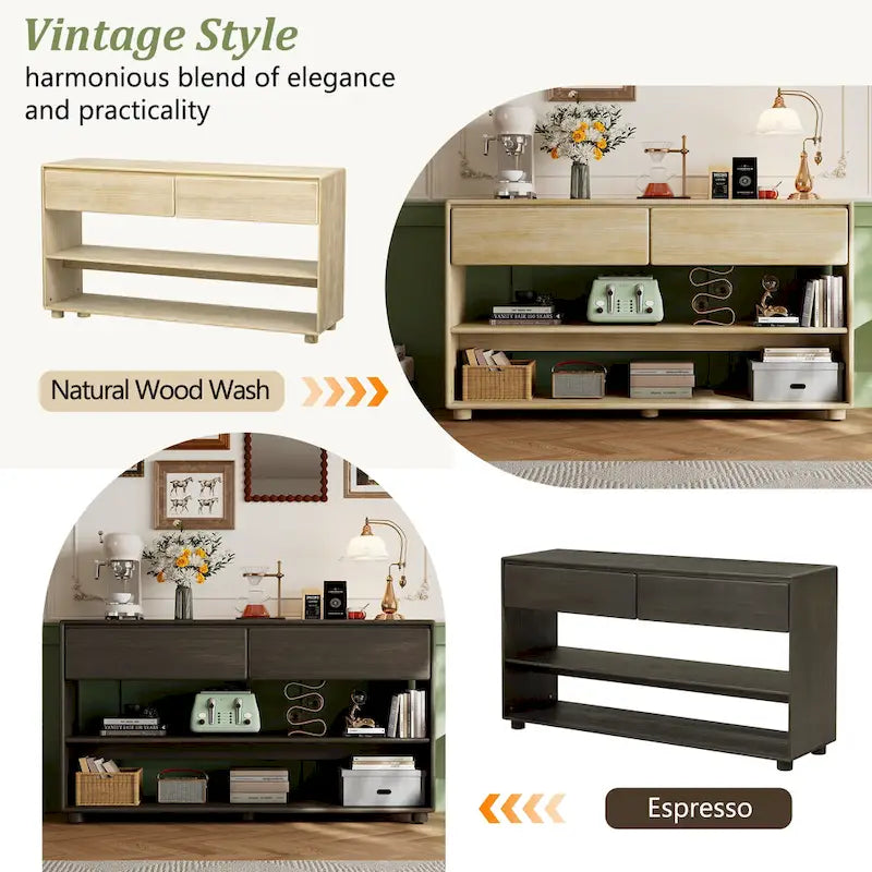 48 Solid Wood Console Table with 2 Drawers & 2 Shelves Solid Wood Legs & Adjustable Feet