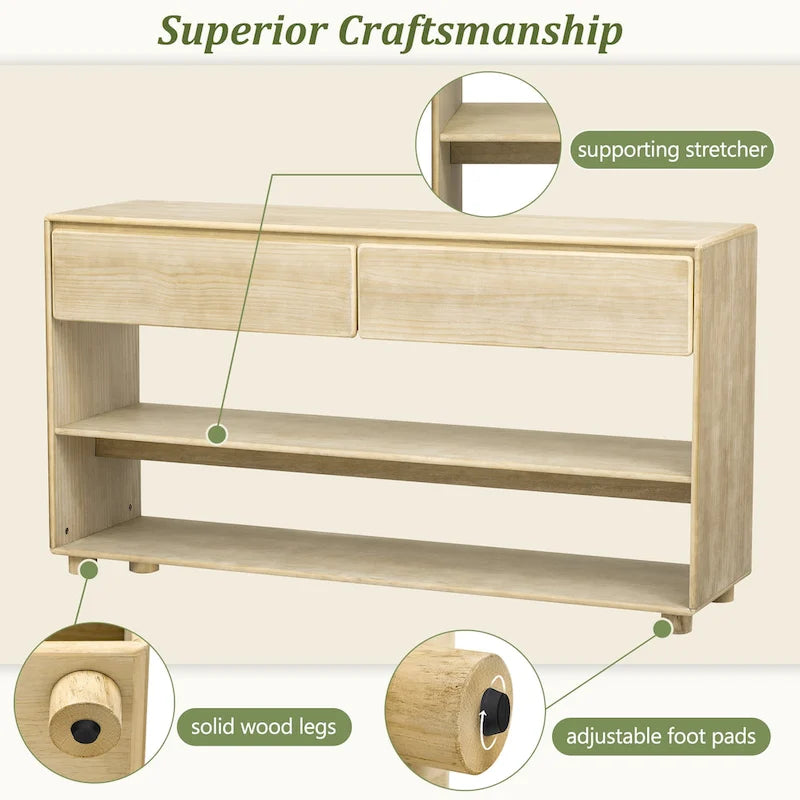 48 Solid Wood Console Table with 2 Drawers & 2 Shelves Solid Wood Legs & Adjustable Feet