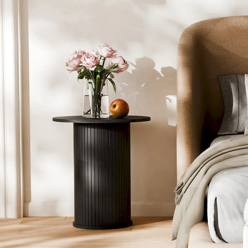 Tavolino rotondo con anta a serrandina, tavolino laterale piccolo moderno di metà secolo per soggiorno, camera da letto