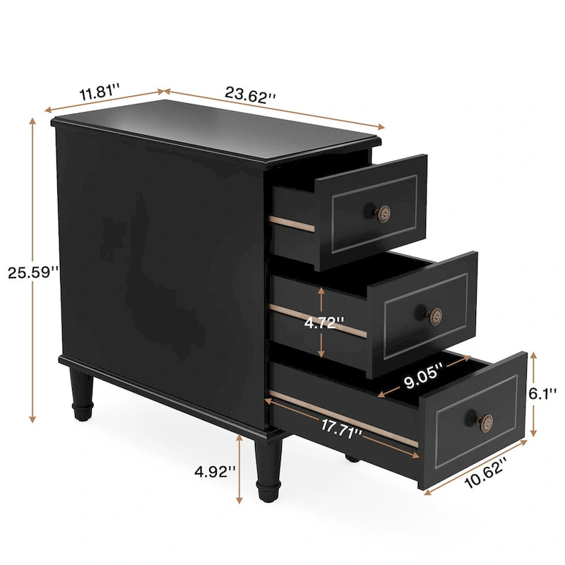 Tavolino d'appoggio in legno massiccio con 3 cassetti, tavolino laterale stretto completamente assemblato