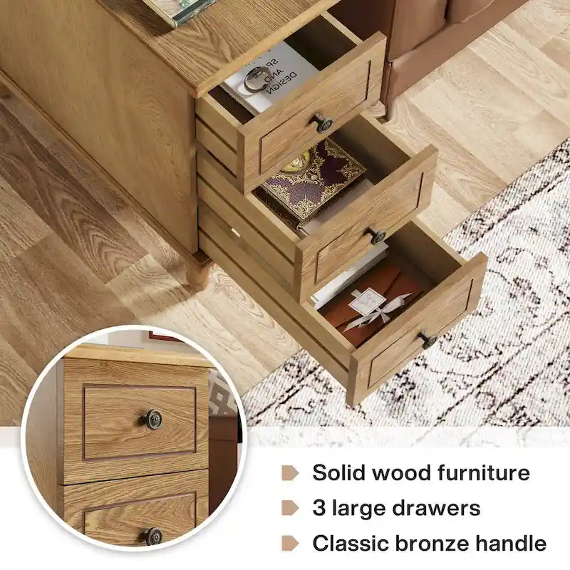 Tavolino d'appoggio in legno massiccio con 3 cassetti, tavolino laterale stretto completamente assemblato