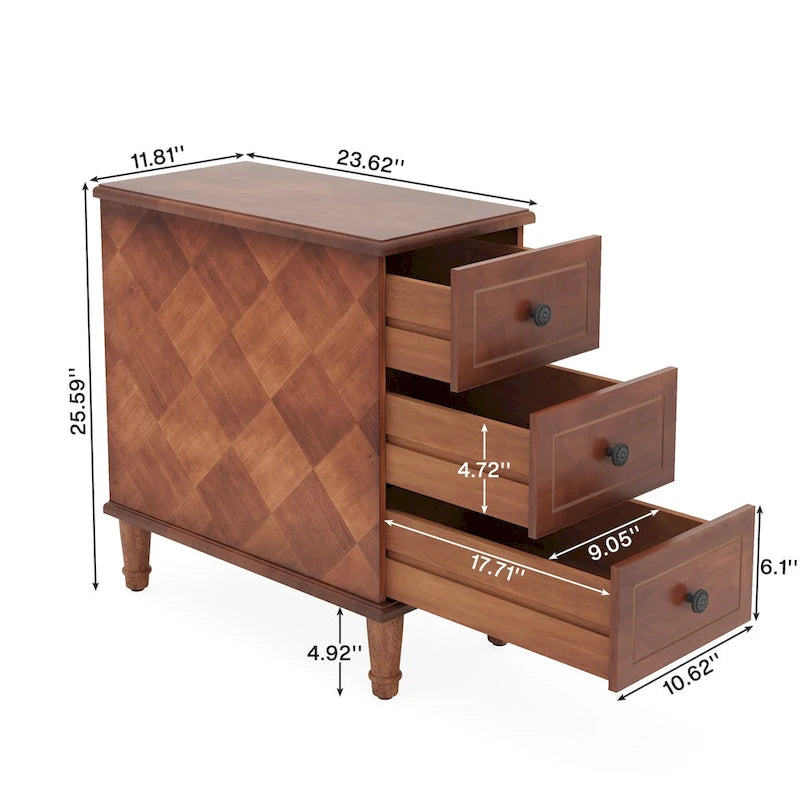 Tavolino d'appoggio in legno massiccio con 3 cassetti, tavolino laterale stretto completamente assemblato