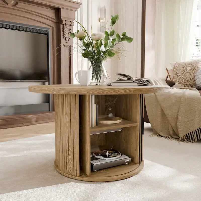 Tavolino rotondo con ripiano contenitore e design a serrandina