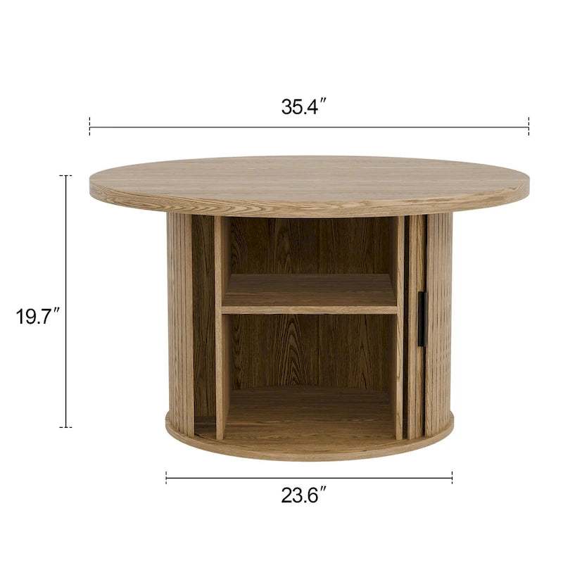 Tavolino rotondo con ripiano contenitore e design a serrandina