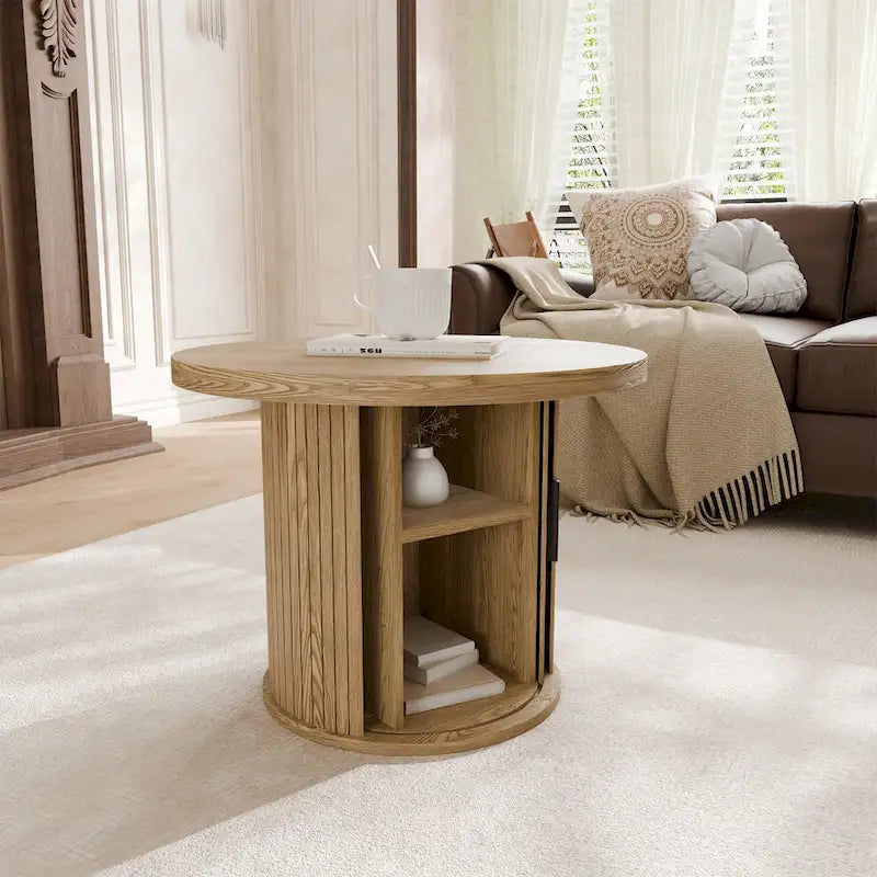 Tavolino rotondo con ripiano contenitore e design a serrandina