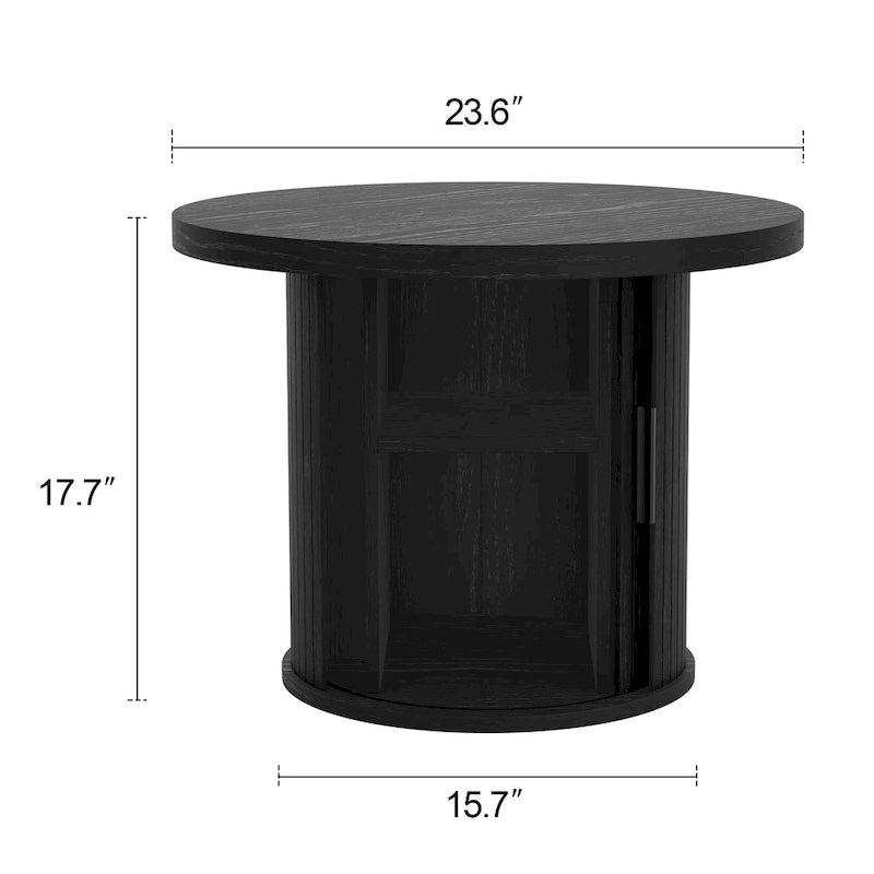 Tavolino rotondo con ripiano contenitore e design a serrandina