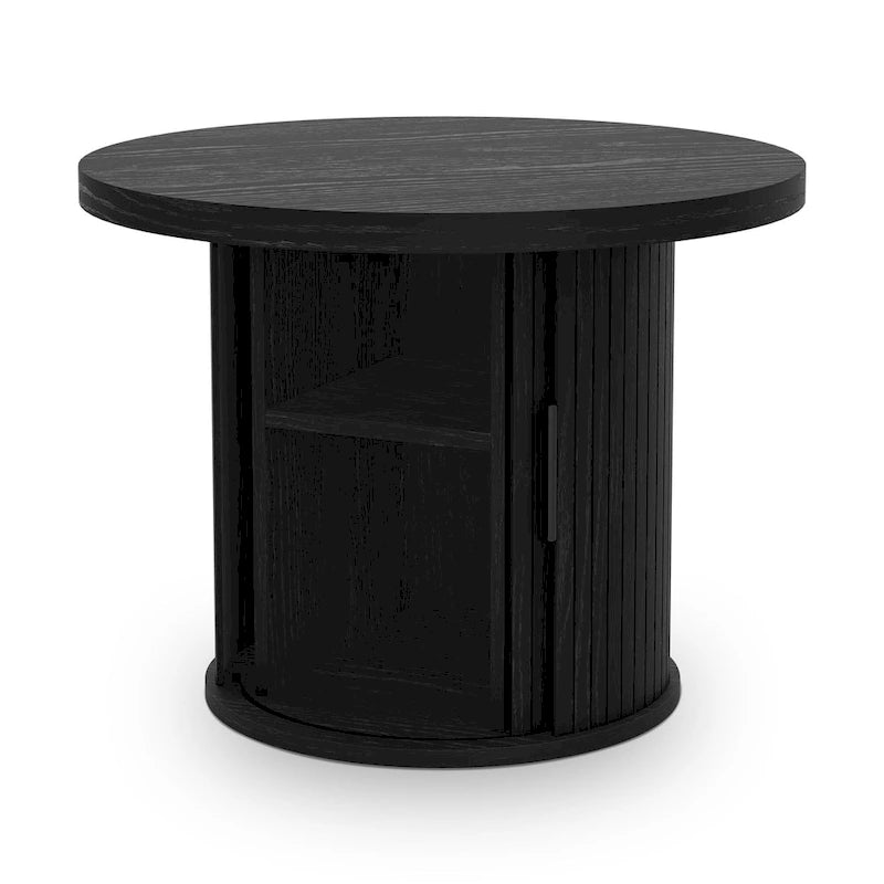 Tavolino rotondo con ripiano contenitore e design a serrandina