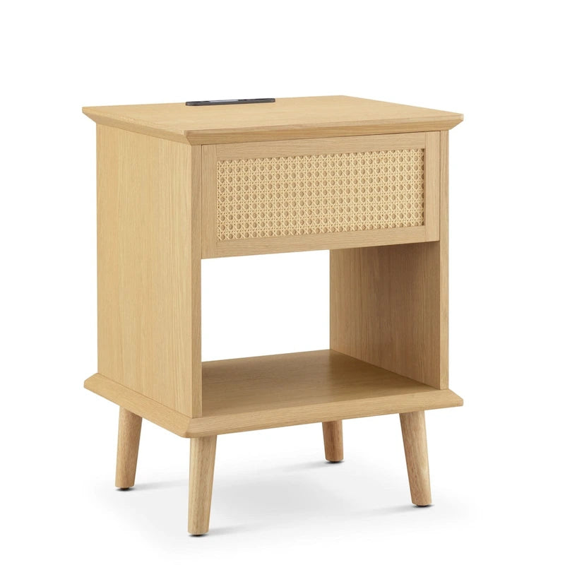 Tavolino d'appoggio Chelsea Square Teagan in Rattan con Cassetto Contenitore, Stazione di Ricarica e Luce LED Touch - 15,25x23,75