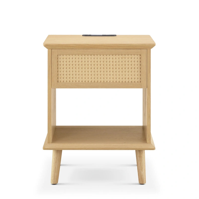 Tavolino d'appoggio Chelsea Square Teagan in Rattan con Cassetto Contenitore, Stazione di Ricarica e Luce LED Touch - 15,25x23,75