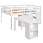 Full Size Low Loft Bed with Rolling Desk, 3 Drawers and Shelves