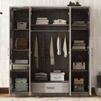Wood 4-Door Wardrobe Armoire with Hanging Rod, 1-Drawer and Storage Shelves