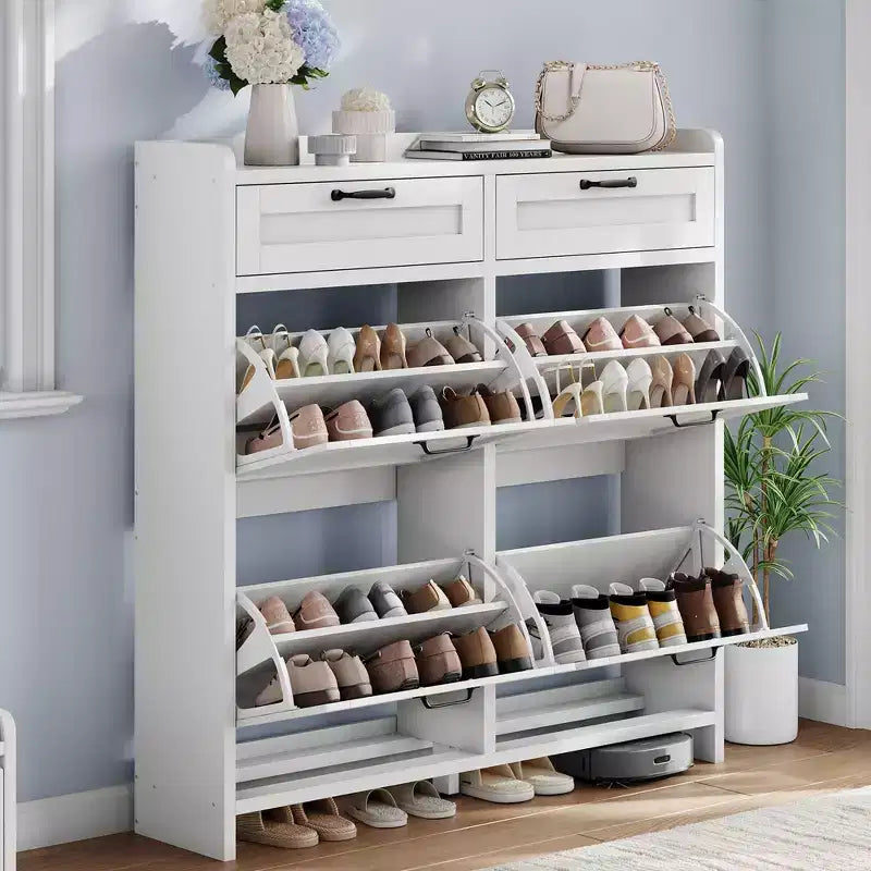 Shoe Cabinet with 4 Flip Drawers & 2 Top Drawers, Wooden Shoe Organizer Cabinet with Adjustable Shelf, Freestanding Shoe Storage Cabinets