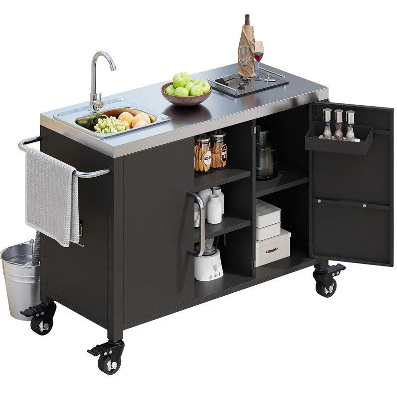 Outdoor Kitchen Island with Sink, Outdoor Bar Cart Sink Station with 4 Lockable Wheels