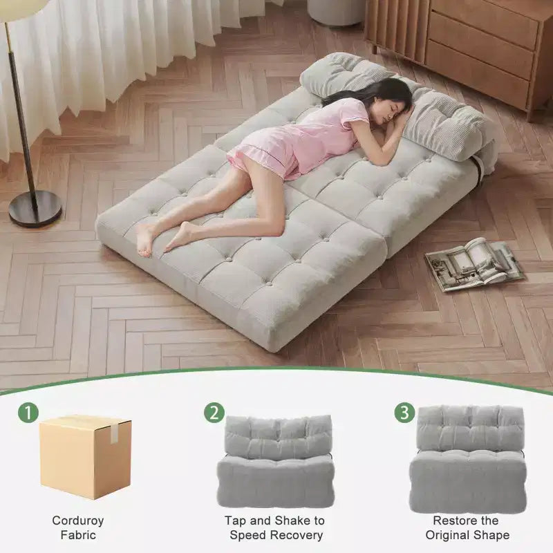 Full Corduroy Folding Sofa Bed Futon, Floor Convertible Sleeper Chair with Pillow & Back Support