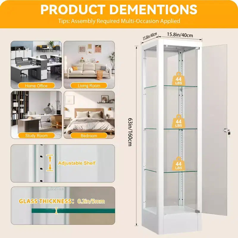 Bekrvio 4-Tier Glass Display Cabinet Case with Lock, 63 Curio Cabinet Tempered Glass Door & Adjustable Shelves