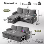 Dyonery 2 in 1 Pull Out Sleeper Sofa with Storage Chaise C Corduroy Sectional Couch with USB Ports for Living Room