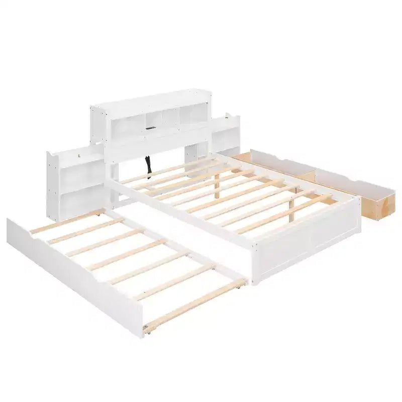 Full Storage Platform Bed with Trundle, Bookcase Headboard and Charging Station, Wooden Full Size Bed Frame with Shelves and Drawers