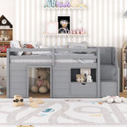 TWIN BED, SOLID WOOD TWIN SIZE LOW LOFT BED WITH STAIR, DRAWER, AND SHELF OF GREY COLOR