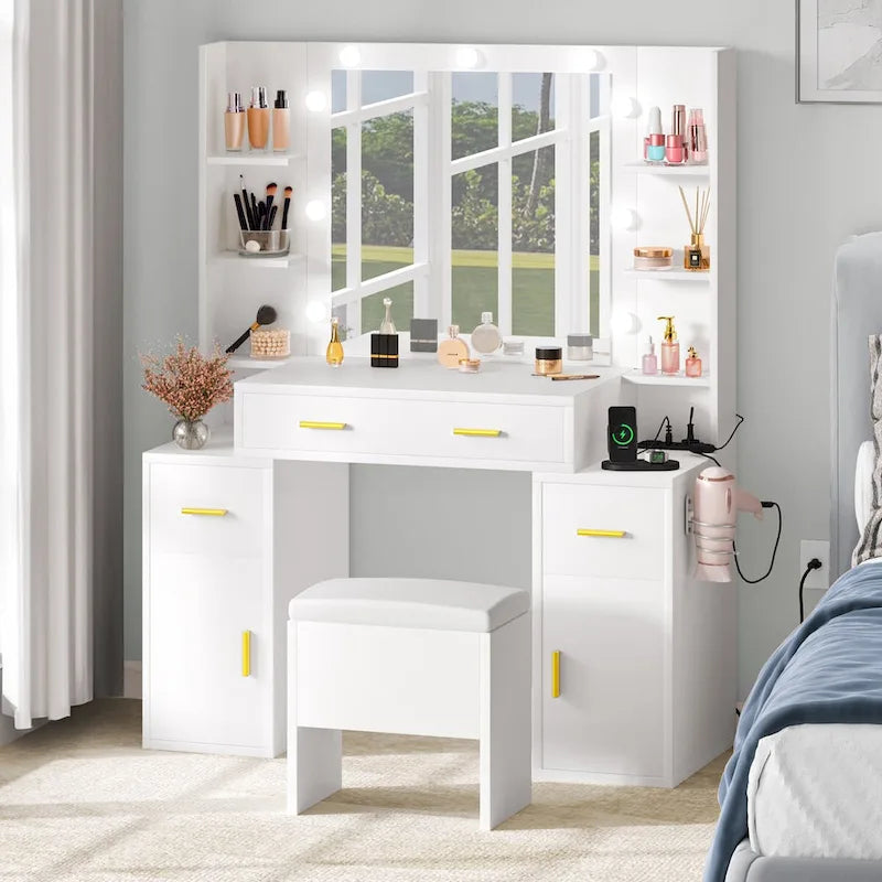 Vanity with Built-In Outlets and Lighted Mirror, 55.1H x 43.3L x 15.74W