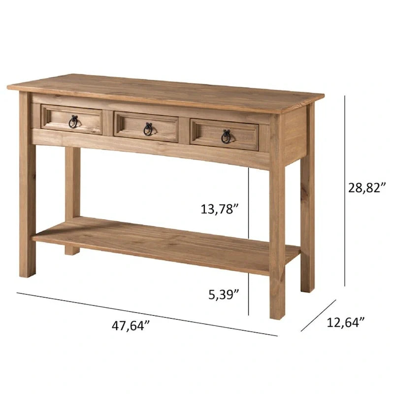 Rustic Solid Pine Console Hall Table, White Wash / Antique Brown / Gray Wash / Unpainted, 3 Drawers