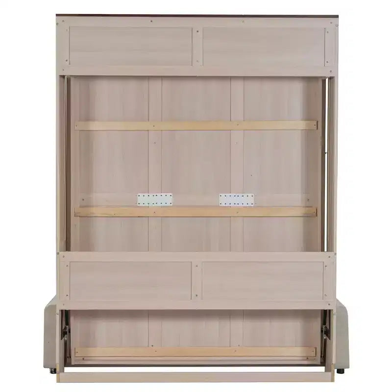 Queen Size Murphy Bed with Sofa, Wooden Queen Cabinet Bed Wall Bed with LED Light, Folding Wall Chest Bed with for Guest Room, Beige