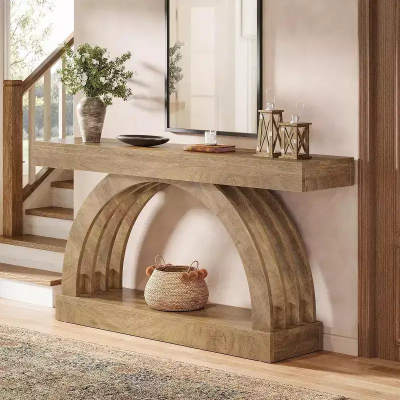 Lantine 63-Inch Entryway Table, 2-Tier Sofa Table Behind The Couch, Farmhouse Narrow Unique Arched Console for Hallway, Living Room, Foyer,Natural