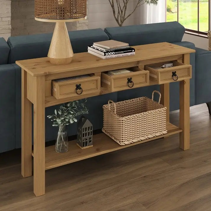 Rustic Solid Pine Console Hall Table, White Wash / Antique Brown / Gray Wash / Unpainted, 3 Drawers