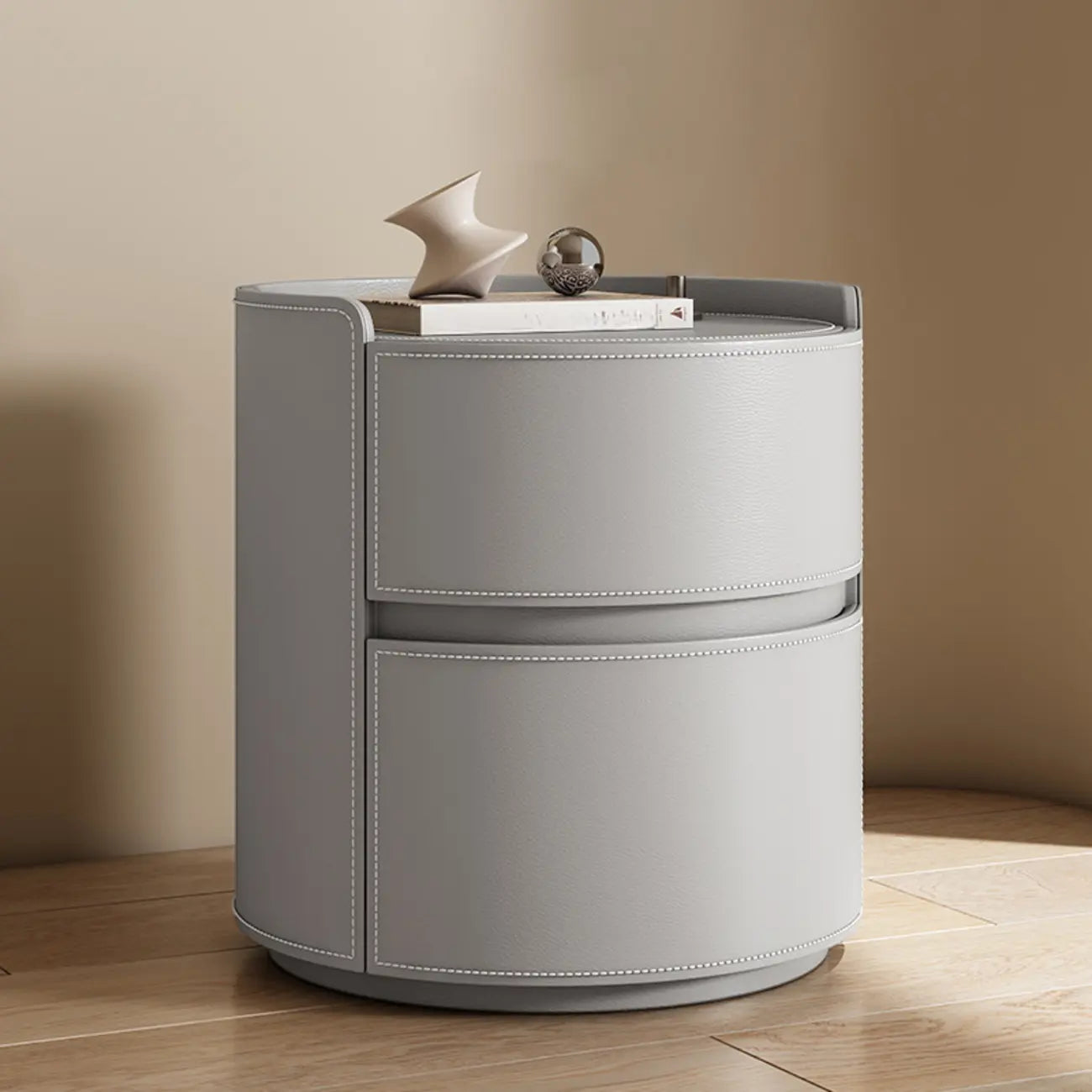 Modern Leather Tray Round 2-Drawer Nightstand