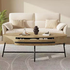 Acekool Oval Coffee Table with Drawer, 47.2 Wooden Storage Table with Cross Metal Legs  Mid-Century Modern Center Table in Natural & Golden Willow