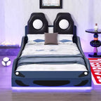 Whisen Wood Twin Size Race Car-Shaped Platform Bed with LED and Upholstered Backrest