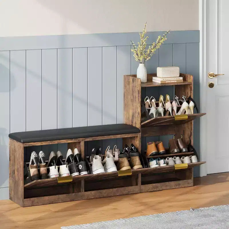 Shoe Storage Cabinet with Bench & 4 Flip Drawers - Narrow Entryway Organizer for 35-40 Pairs