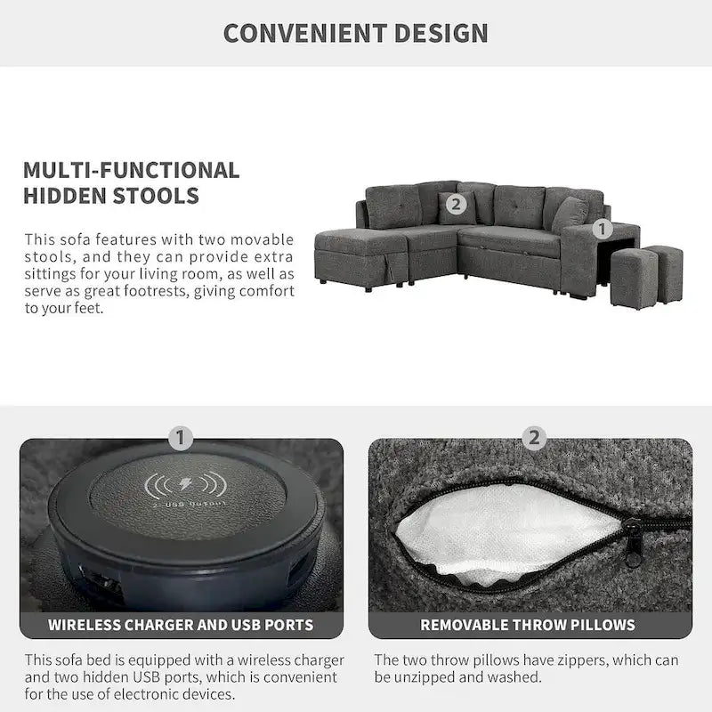 Canapé d'angle convertible avec pouf de rangement, canapé-lit pour salon