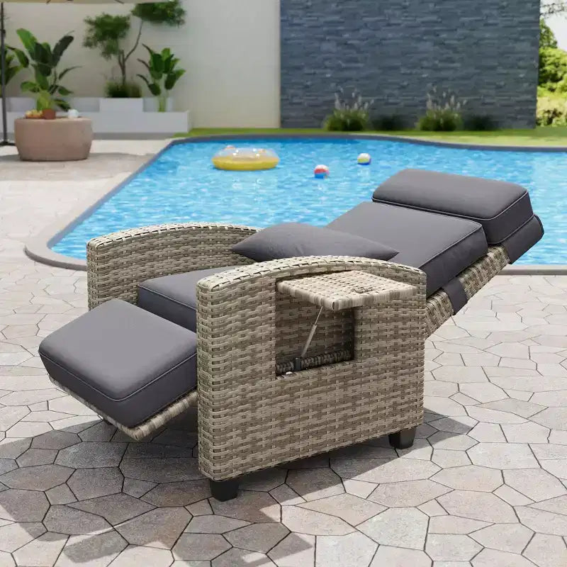 Outdoor Recliner Chair, Reclining Patio Chairs with Adjustable Backrest & Footrest, Wicker Lounge Recliner Up to 150 with Flip-Up Table