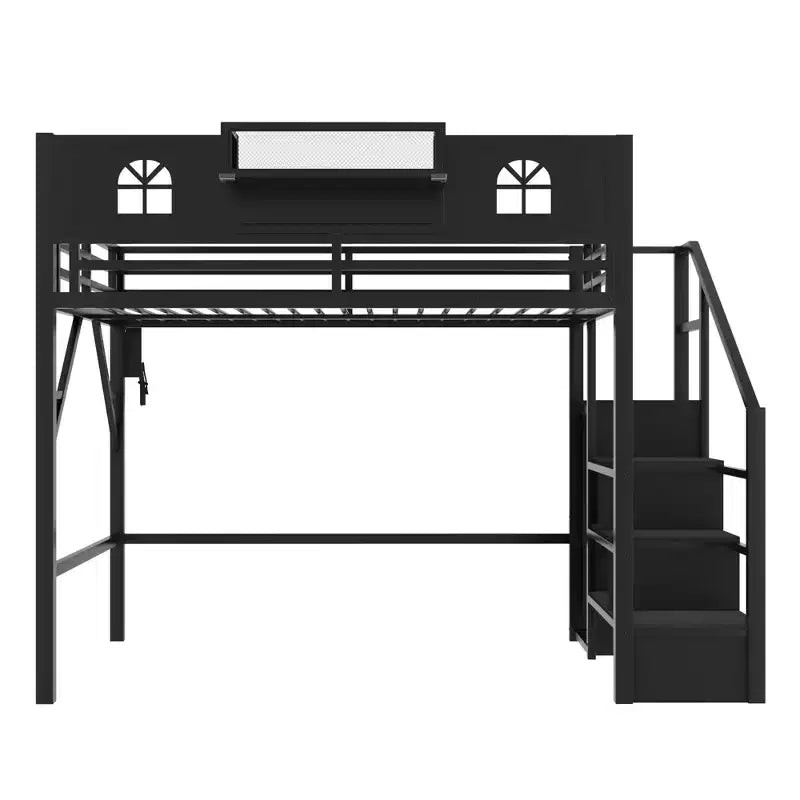 ModernLuxe Full/Queen Loft Bed with Stairs & Built-in Wardrobe, Metal Bed Frame with LED Lights, USB Charging Station & Storage Shelves