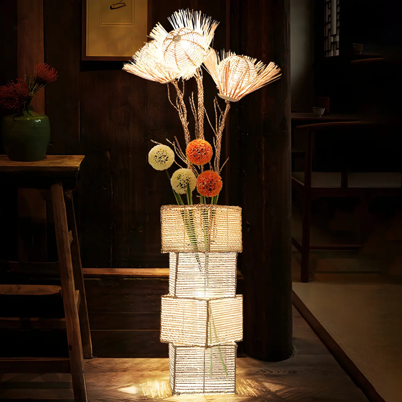 Plug In Column LED Rattan Floor Lamp for Living Room