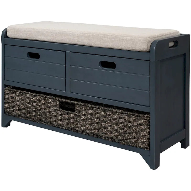Wood Storage Bench with 2 Woven Baskets