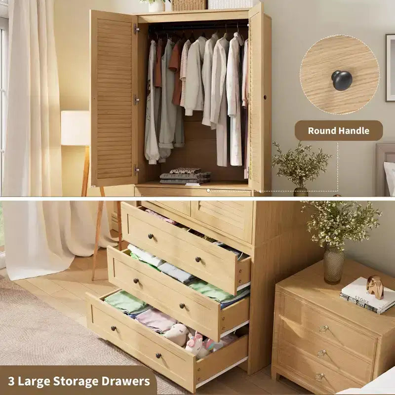 COZONY Armoire Wardrobe with 3 Drawers & 2 Doors, Modern Wooden Closet Cabinet for Bedroom, Heavy Duty White Standing Armoire