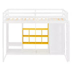 Kids Loft Bed with Wardrobe and Shelves, Wooden Loft Bed Frame with Storage Cabinet for Kids Teens